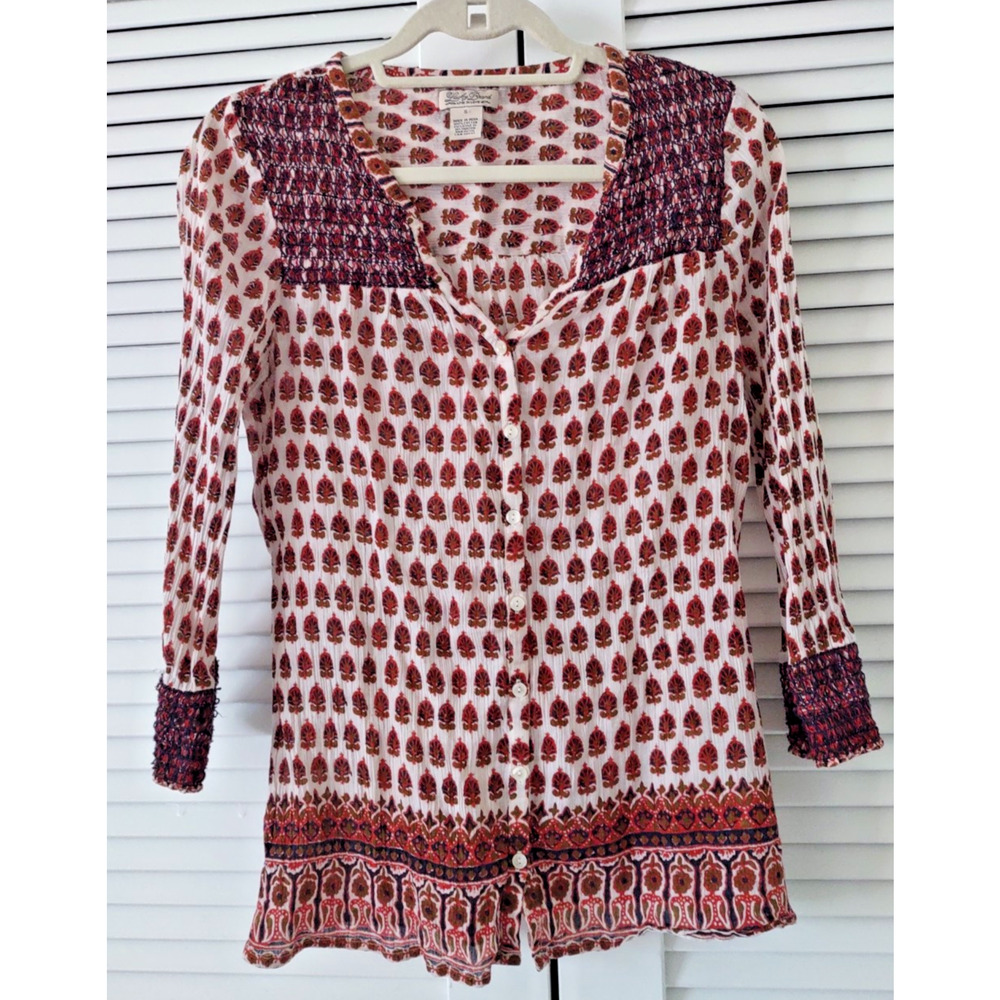 Lucky Brand S Boho peasant smocked blouse top